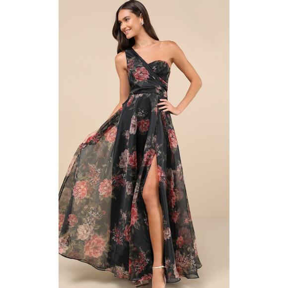 New Lulus Gown-Truly Extraordinary Black Floral Organza One-Shoulder Maxi Dress - Picture 1 of 8